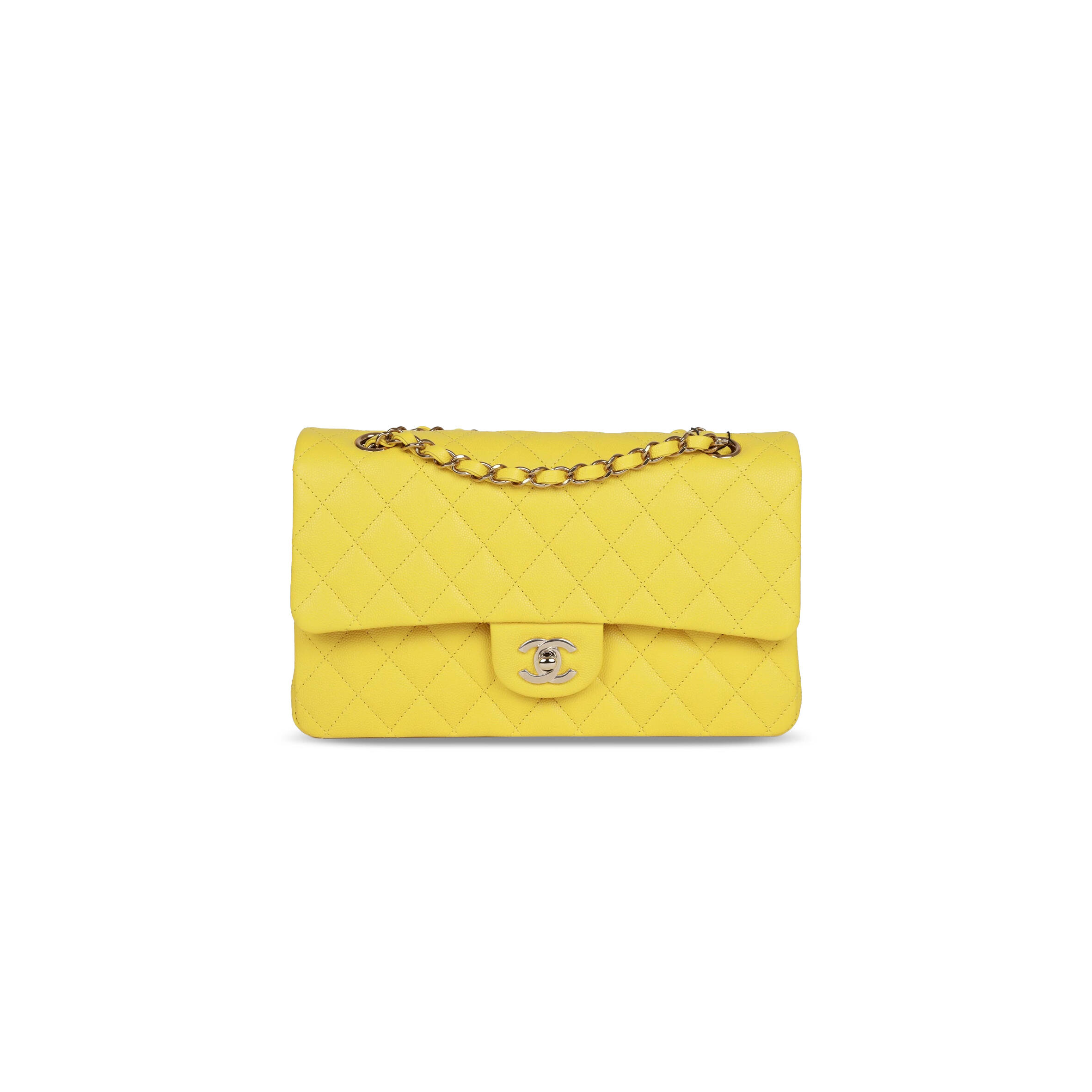 Ch*el master caviar medium classic double flap bag yellow light gold hardware a01112 (25*15*7cm)